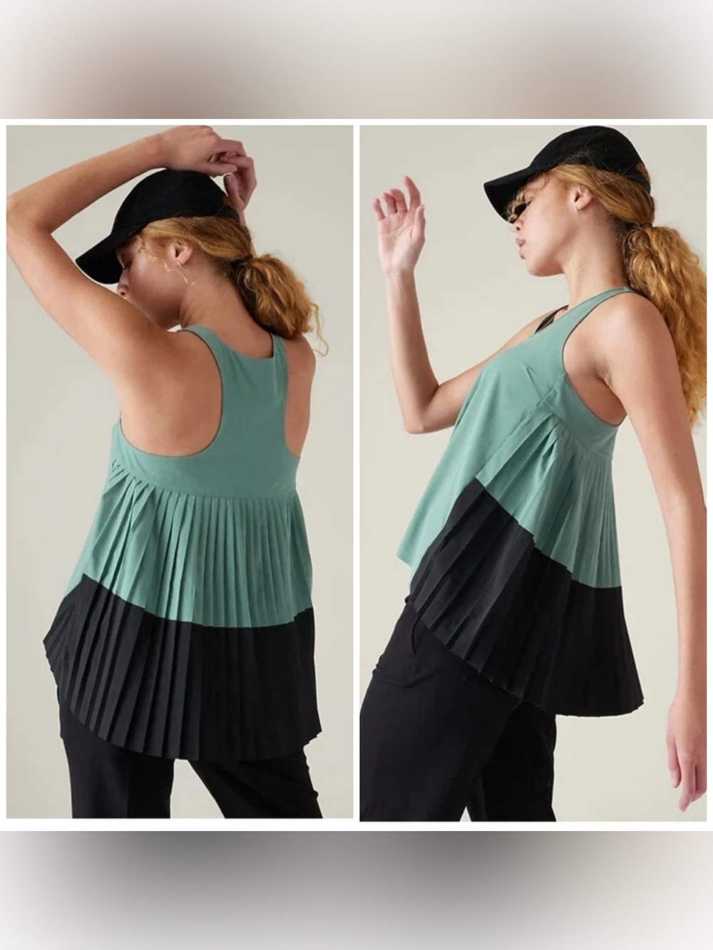 Athleta Swing Forward Pleated Tank Top Teal Green Black Colorblock Size Medium